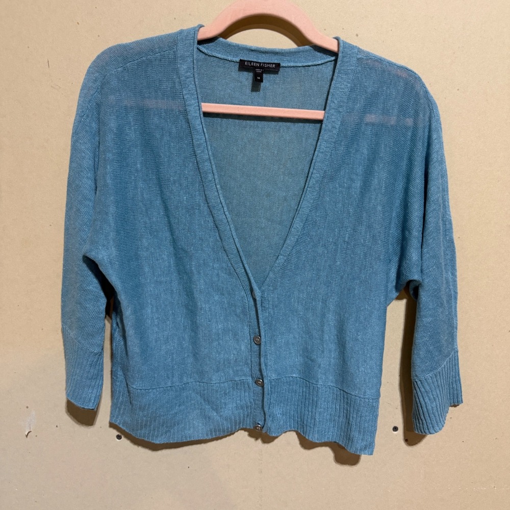 Eileen Fisher 100% Linen Knit Cardigan Blue V-Neck 3/4 Sleeve Sweater Medium